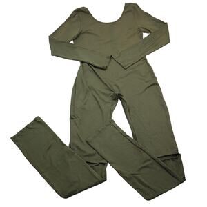 Many Many Jumpsuit Womens L Green Scoop Neck Long Sleeve Distressed Knee Outfit